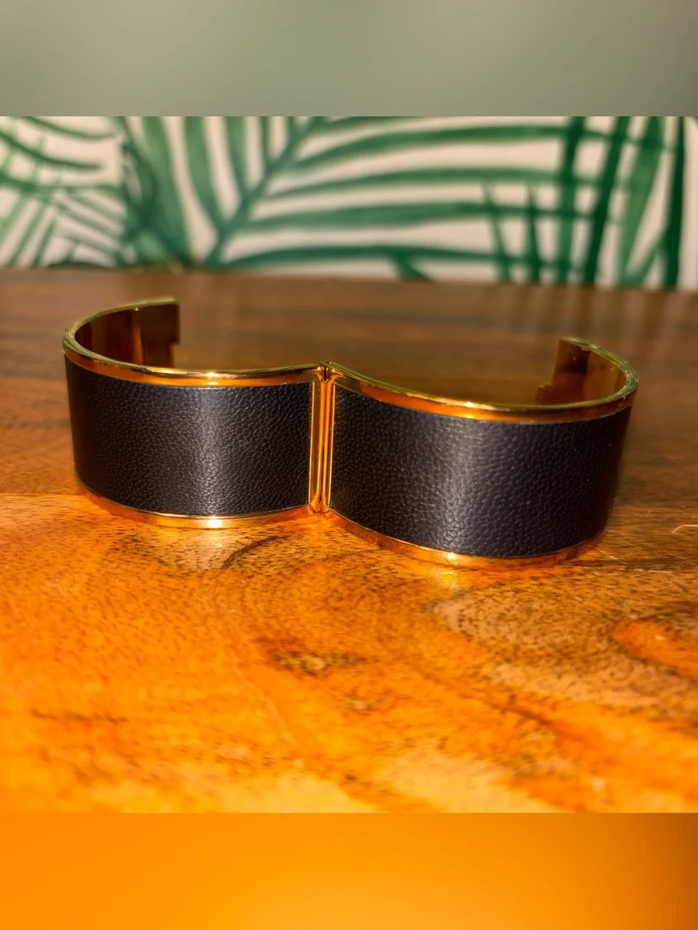 Tory Burch Black Leather Gold Tone Wide Hinge Cuff Bracelet